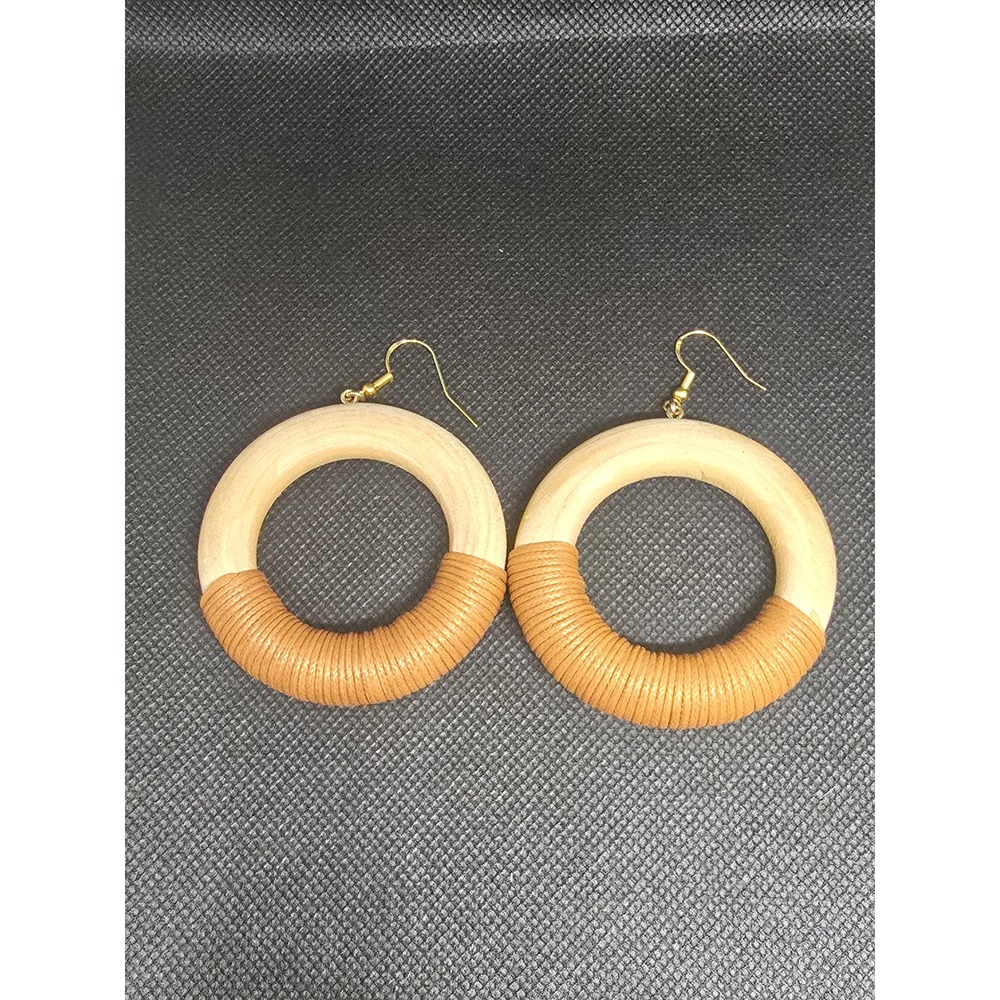 Boho Large Wood Hoop Earrings Tan Cord Wrap Gold Tone Fishhook Dangle Neutral